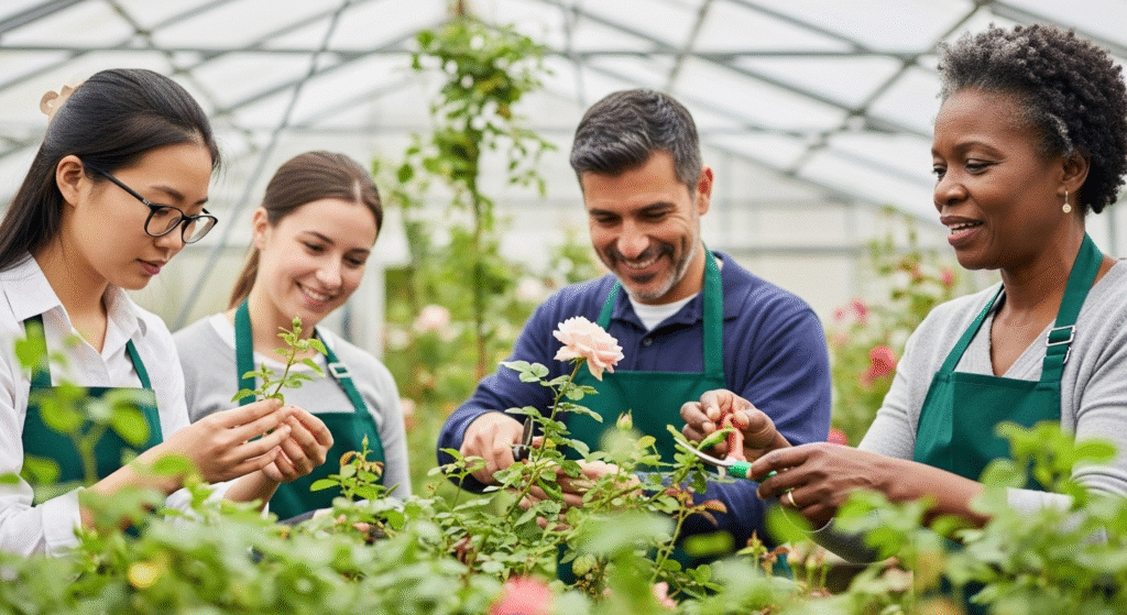 Garden Learners - About Page A diverse group of four people in a bright greenhouse are gathered around rose bushes, all wearing green aprons. On the left, a young East Asian woman with glasses and a young white woman smile as they examine a small plant cutting together. To their right, a smiling middle-aged man and an older Black woman use secateurs to tend to the blooming roses. The atmosphere is cheerful and collaborative.