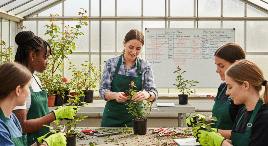 RHS Level 2 qualifications: In a bright, sun-drenched greenhouse, a female teacher in a green apron smiles as she demonstrates how to prune a potted rose to a group of attentive female students. The students, also wearing green aprons, are gathered around a workbench, observing the hands-on lesson. In the background, a whiteboard with a "Lesson Plan" confirms the setting is a horticulture class.