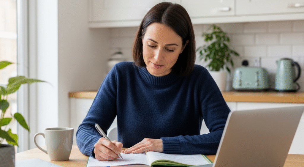 AA calm, home-study scene illustrating RHS Level 2 plant science learning. An adult learner sits at a wooden kitchen table, focused on writing notes in an open notebook while studying. They wear a casual jumper and are slightly out of focus to keep attention on the study activity rather than the individual. A silver laptop sits open to the right, suggesting online study resources or digital notes, while a ceramic mug and a small houseplant add a relaxed, domestic feel. Soft natural light enters from the side, creating a warm and approachable atmosphere. The image visually represents independent learning, revision, and structured study for RHS Level 2 Plant Growth and Development, aligning with study guides, exam preparation, and flexible at-home horticulture education.