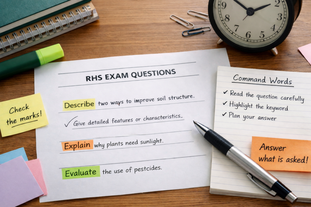 Overhead view of a neatly arranged study desk illustrating exam preparation and command words for written assessments. At the center lies a white sheet titled “RHS Exam Questions,” placed on a warm wooden tabletop. The paper lists three example questions with key command words highlighted in color: “Describe two ways to improve soil structure,” with the word “Describe” highlighted in yellow; “Explain why plants need sunlight,” with “Explain” highlighted in orange; and “Evaluate the use of pesticides,” with “Evaluate” highlighted in green. Beneath “Describe,” a handwritten note explains that it means giving detailed features or characteristics, reinforcing exam technique guidance. Surrounding the main sheet are study tools and reminder notes that emphasize revision skills and time management. On the right, a lined index card titled “Command Words” lists checklist-style tips: “Read the question carefully,” “Highlight the keyword,” and “Plan your answer.” A black pen rests diagonally across the card, suggesting active note-taking. Nearby, an orange sticky note reads “Answer what is asked!” reinforcing focus and exam strategy. On the left side, a yellow sticky note says “Check the marks!” reminding students to tailor answers to mark allocation. Additional pastel sticky notes are partially visible, adding to the organized study aesthetic. At the top right of the desk sits a small black analog alarm clock, symbolizing exam timing and time pressure, with a few paper clips scattered beside it. In the upper left corner, stacked notebooks and a green highlighter further suggest revision and studying. Overall, the image visually supports an article about exam preparation, understanding command words, and effective answering techniques, particularly in the context of biology or horticulture-related RHS exams.