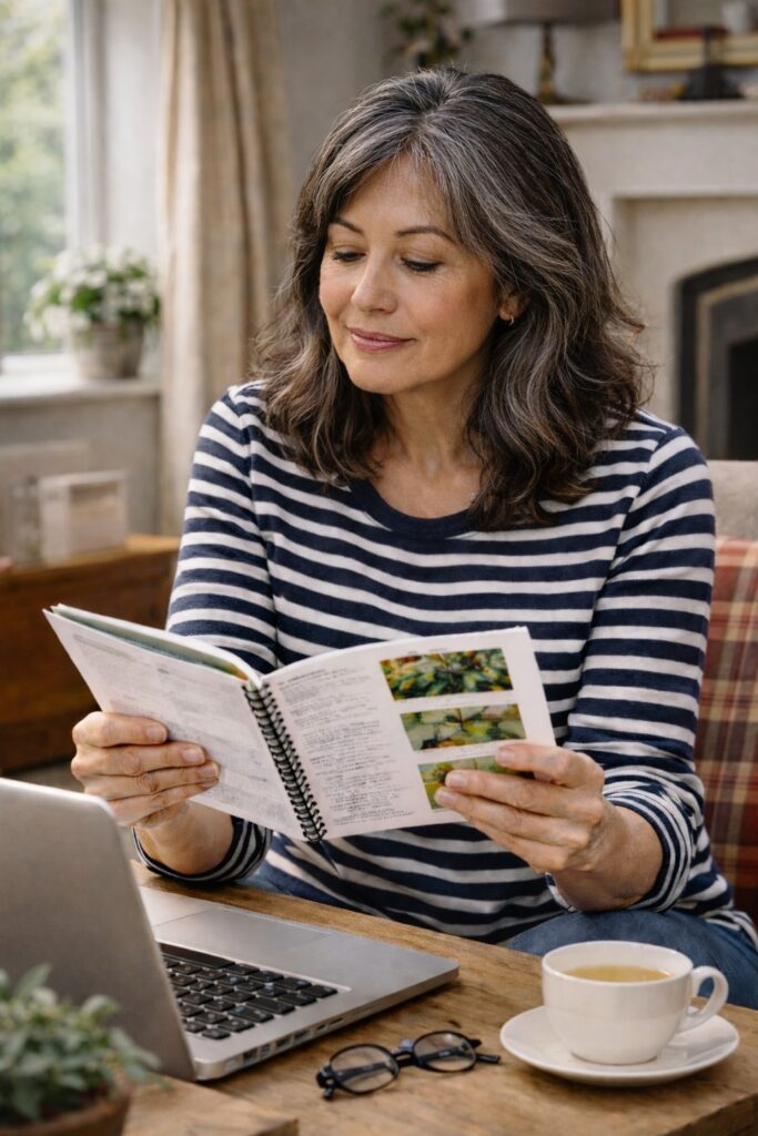 A middle-aged woman with shoulder-length, wavy salt-and-pepper hair sits comfortably at a wooden coffee table in a warmly lit living room, reading a small spiral-bound booklet with focused attention. She wears a navy blue and white striped long-sleeve shirt, giving her a relaxed, casual appearance suited to a quiet day at home. Her expression is calm and slightly thoughtful, with her gaze directed downward at the open pages, suggesting she is carefully reviewing instructions or informational content.

The booklet in her hands contains printed text accompanied by small colour photographs indicating the material may be a guide or manual related to home gardening or a DIY project. Positioned in front of her on the table is an open silver laptop, angled toward her as if she is using it to supplement the information in the booklet or follow along with online resources. Nearby, a pair of black-framed eyeglasses rests folded on the table, within easy reach.

To the right of the laptop sits a white ceramic cup filled with tea or coffee on a matching saucer, adding to the cozy, domestic atmosphere and suggesting a leisurely, focused reading session. The background features a softly blurred interior with a window letting in natural daylight, light-colored curtains, a potted plant, and part of a fireplace and mantel, reinforcing a peaceful home environment. The overall scene conveys themes of independent learning, home-based hobbies, gardening research, and a comfortable lifestyle centered around productivity and relaxation.